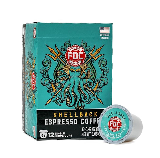 Fire Department Coffee - Gives Back to Firefighters - Bold & Smooth Shellback Espresso Coffee Pods - Roasted in the USA - Premium Espresso K Cups - Veteran Owned - 12 Single Pods