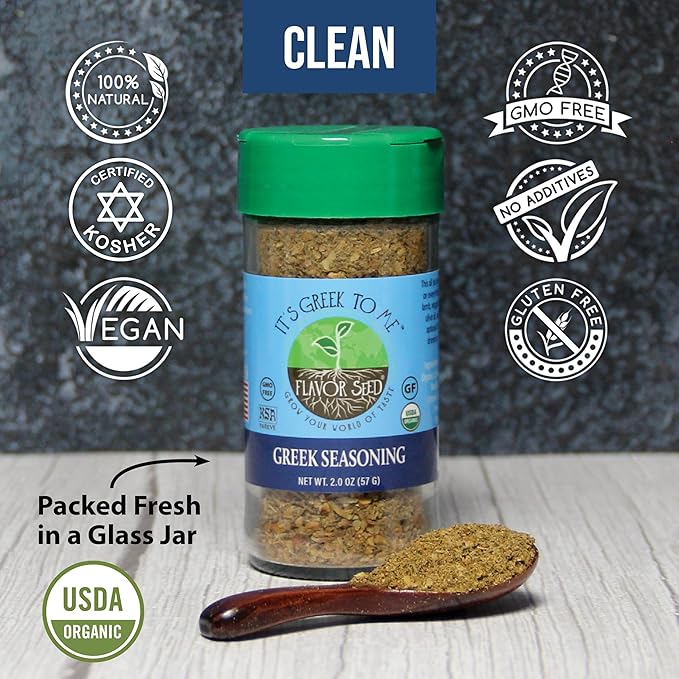 Flavor Seed It's Greek To Me, Organic Greek Seasoning Blend, Gyro & Tzatziki Seasoning, Kebab, Carnivore & Keto Friendly, Mediterranean Diet, Non GMO, Preservative Free, Kosher, 2 oz Shaker Jar
