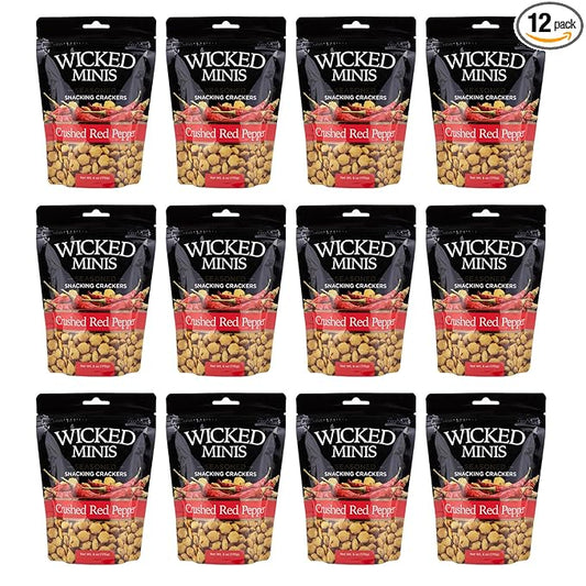 Wicked Minis Soup & Oyster Crackers - Saltine & Salted Flavored Mini Puffed Soup, Savory Snacking Mix, Seasoned Croutons Salad Toppers, Crackers for Chili 6oz (Crushed Red Pepper, Pack of 12)