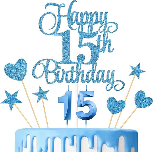 15th Birthday Cake Decorations, 15th Birthday Candles Cake Numeral Candles and Glitter Happy 15th Birthday Cake Toppers Set for Birthday Party Supplies (Blue)