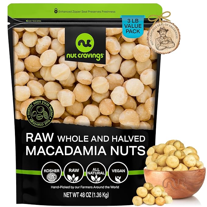 NUT CRAVINGS - Raw Macadamia Nuts, Unsalted, Shelled, and Halved, (48oz - 3 LB) Bulk Nuts Packed Fresh in Resealable Bag - Kosher Healthy Snack, Food Assortments