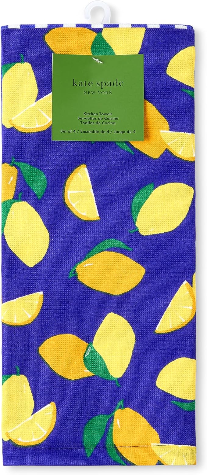Kate Spade New York Lemon Party and Spring Gingham Kitchen Towels 4-Pack Set, Absorbent 100% Cotton, Navy Blue/Yellow, 17"x28"
