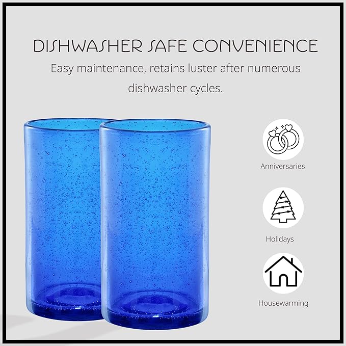 Artland 17oz Highball Tumbler, Set of 4 | Iris Seeded Design, Cobalt Blue | Drinking Glass for Parties and Everyday Use - Mojito, Whiskey, Cocktail | Glassware & Kitchenware Essentials