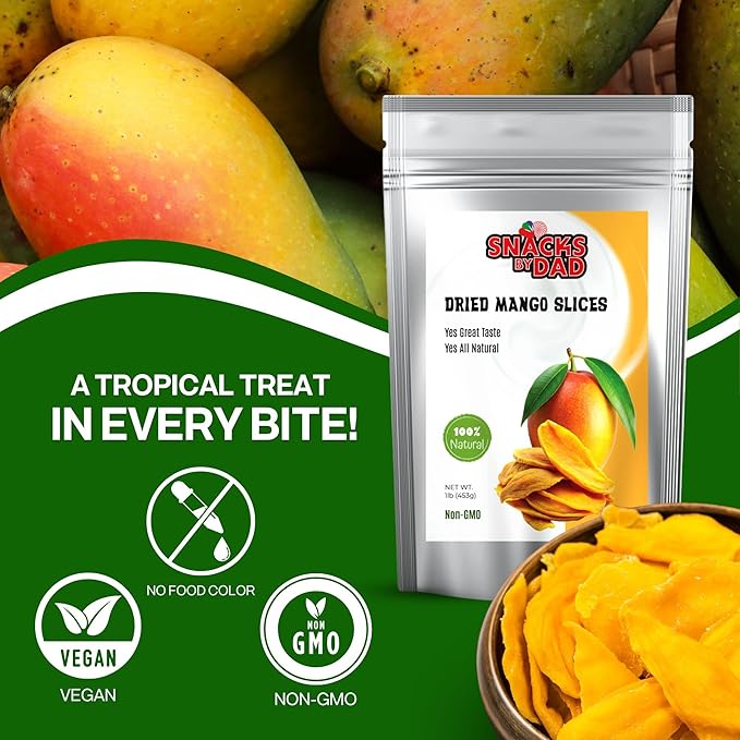 Dried Mangoes Non-GMO Dry Mango | Vegan School Snack Bag | Healthy, Gluten Free Dried Mango | Perfect Office Snack On-the-Go | Mango Dried Slices / 1 lb Resealable Snack Pack
