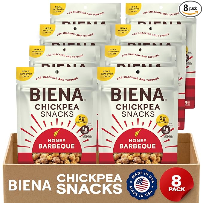 BIENA Chickpea Snacks - Crunchy Roasted Chickpeas - High Fiber Protein Snacks for Adults and Kids - 8-Pack, 5 Ounce - Barbecue