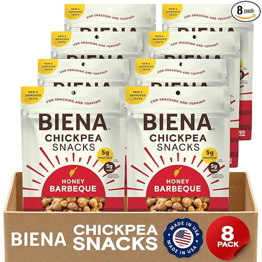 BIENA Chickpea Snacks - Crunchy Roasted Chickpeas - High Fiber Protein Snacks for Adults and Kids - 8-Pack, 5 Ounce - Barbecue