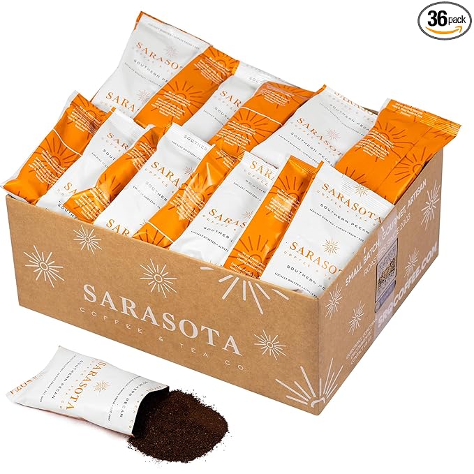 Sarasota Coffee Ground Packets | Gourmet Flavored Medium Roast Bulk Coffee Packs | Southern Texas Butter Pecan | Low Acid Mold Free Individual Pouches for 12 Cup Coffee Maker | 2 Ounce Bags, 36 Count