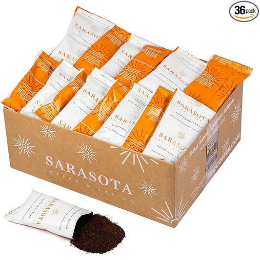 Sarasota Coffee Ground Packets | Gourmet Flavored Medium Roast Bulk Coffee Packs | Southern Texas Butter Pecan | Low Acid Mold Free Individual Pouches for 12 Cup Coffee Maker | 2 Ounce Bags, 36 Count