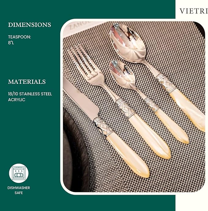 Vietri Aladdin Antique Ivory Teaspoon, 18/10 Stainless Steel Dessert Spoon, 6.25" Tea Spoon