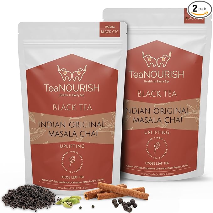 TeaNOURISH Indian Original Masala Chai Tea | Assam CTC Black Tea Loose | Blended with Cinnamon, Cardamom, Black Pepper & Cloves | 100% NATURAL INGREDIENTS - 3.53oz/100g (Pack of 2)