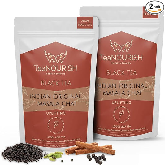 TeaNOURISH Indian Original Masala Chai Tea | Assam CTC Black Tea Loose | Blended with Cinnamon, Cardamom, Black Pepper & Cloves | 100% NATURAL INGREDIENTS - 3.53oz/100g (Pack of 2)