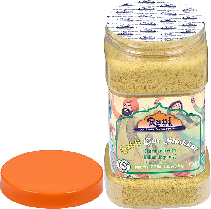 Rani Haldi Gur Shakkar (Turmeric with Indian Jaggery) Indian Unrefined Raw Cane Sugar 35oz (2.2lbs) 1kg PET Jar ~ Gluten Friendly | Vegan | NON-GMO | Kosher | No Salt or fillers | Indian Product