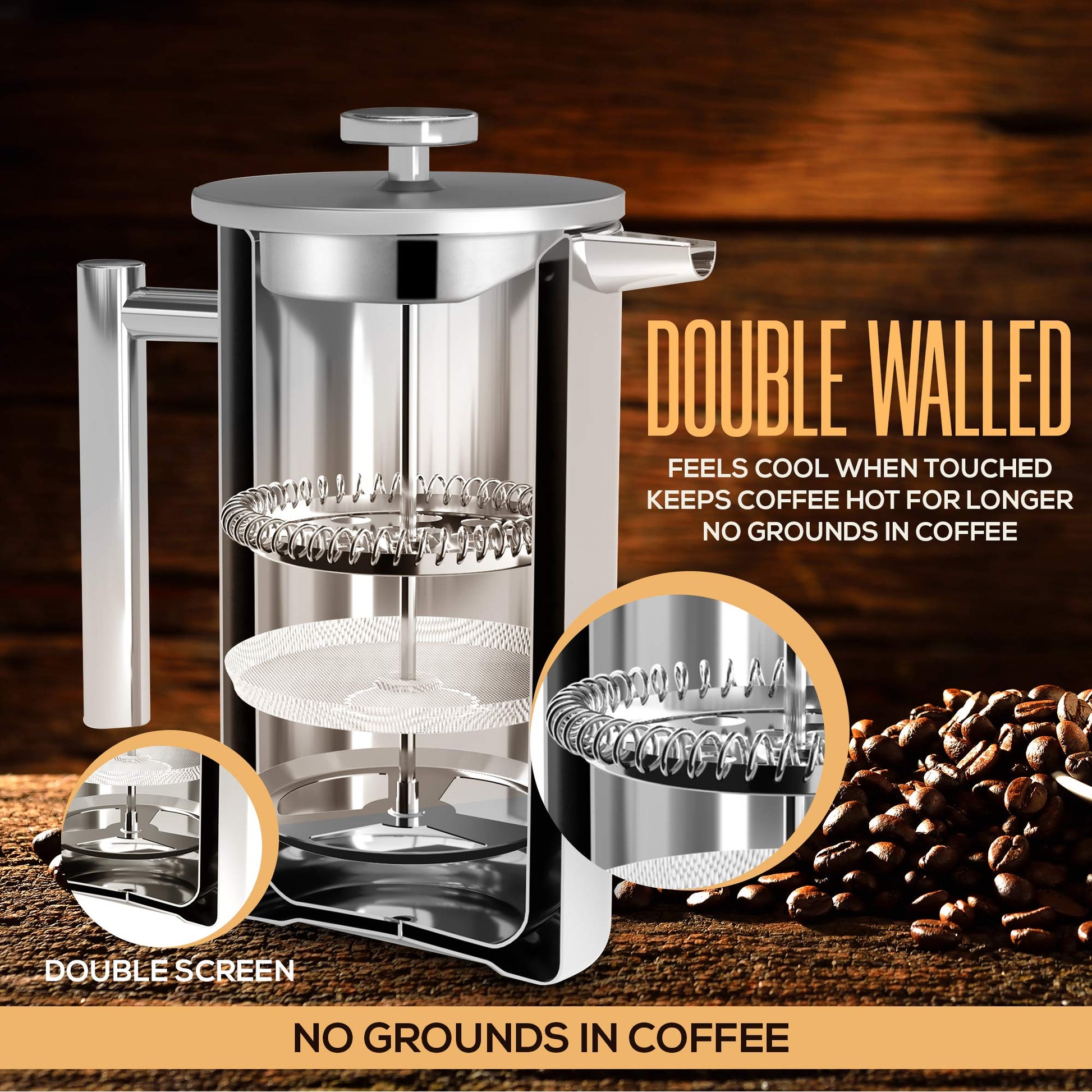 Utopia Kitchen 304 Grade Stainless Steel French Press 34 Oz, Silver