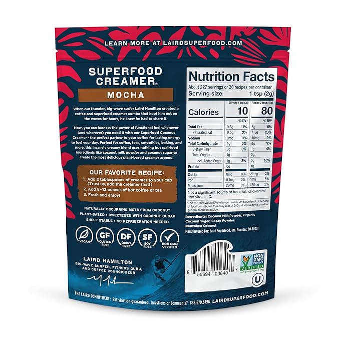 Laird Superfood Non-Dairy Coffee Creamer Mocha, Shelf-Stable Superfood Non-Dairy Powder Creamer, Gluten Free, Non-GMO, Vegan, 16 oz. Bag, Pack of 1