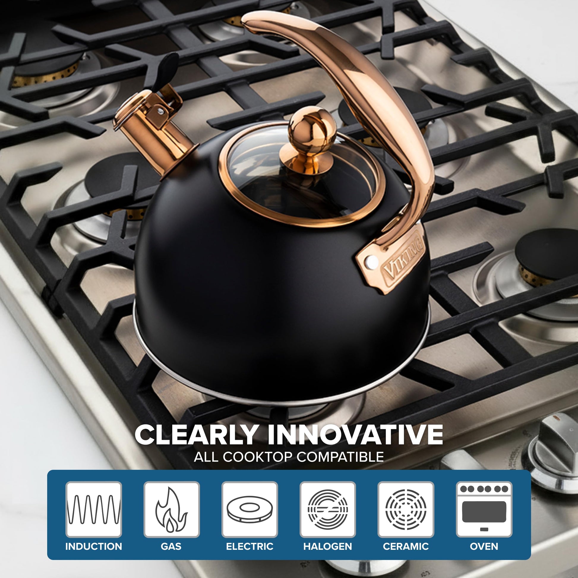Viking 3-Ply Stainless Steel Tea Kettle, 2.6 Quart Stovetop Hot Water Pot with Tempered Glass Lid