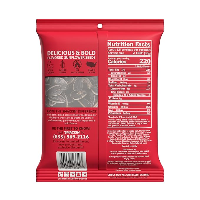 SMACKIN' - Jumbo Roasted Sunflower Seeds, No Salty Burn, American Made, Easy Pour & Seal - Backyard BBQ, 4oz bag (12 Bags)