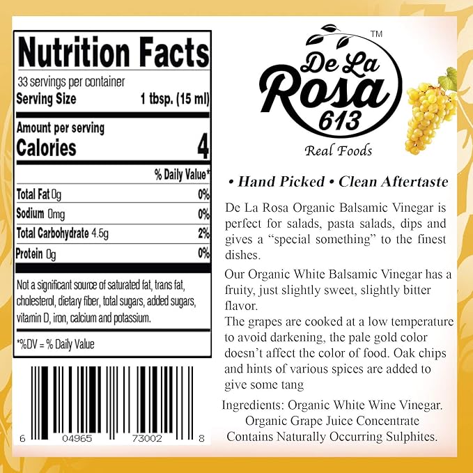 De La Rosa Organic White Balsamic Vinegar, Kosher for Passover, Vegan & Gluten-Free, Great for Salad Dressing, Marinades, Organic Balsamic Vinegar 16.9 Oz (Pack of 2)