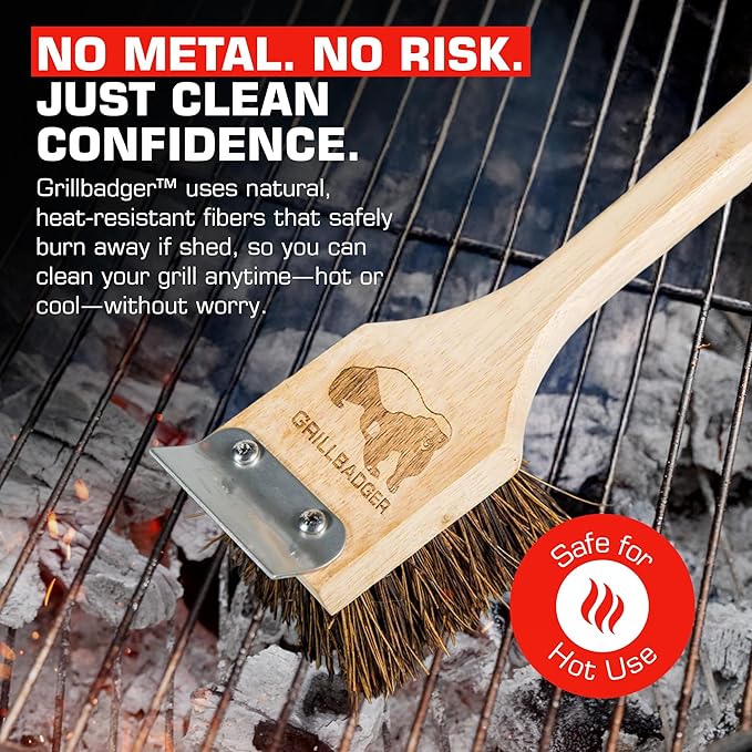 Natural Grill Brush Non Metal Bristles - Durable Non Metal Grill Brush Outdoor Grills Wooden Handle BBQ Cleaning Non-Wire High Temp Cleaner for Cast Iron Grates Safer Scrubber Tools by GRILLBADGER