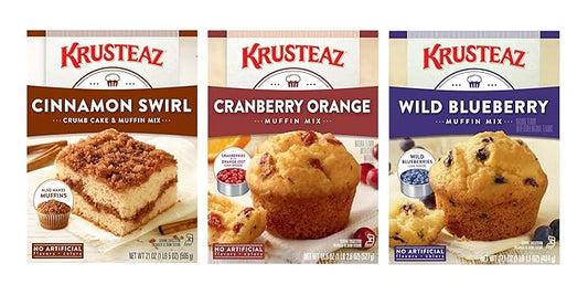 Krusteaz Variety Pack,Cinnamon Swirl Crumb(21 oz),Cranberry Orange Muffin Mix (18.6 oz),Wild Blueberry Muffin Mix (17.1 oz), (3 CT)
