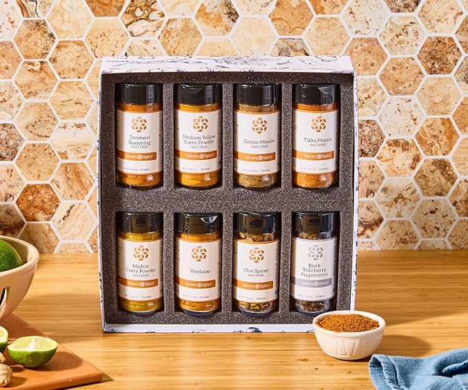 Savory Spice Indian Spice Collection - Gift Set of Indian Spices and Seasonings with Curries, Masalas, and Flavors from India - Vegan, Gluten-Free, No MSG (8-Jar Box)
