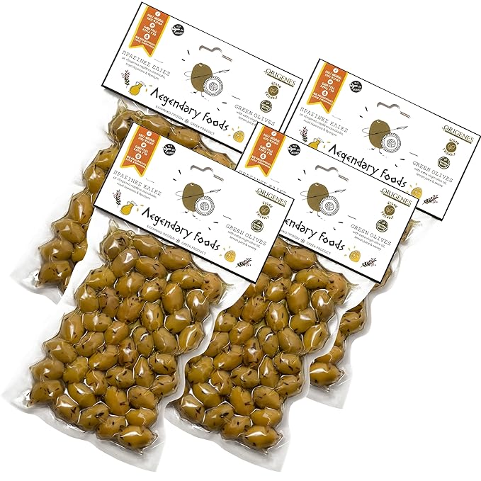 Pack of 4 Green Olives in Vacuum Bag , Marinated Olives in Savory Lemon Juice, Freshly Sealed Olives with Extra Virgin Oil 4X200g