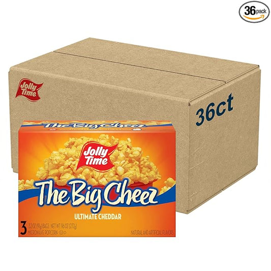 Jolly Time The Big Cheez, Cheddar Cheese Microwave Popcorn, 3.2oz Sharing Bag, 3 Bags Per Carton (The Big Cheez, 3.2 Ounce (Pack of 36))