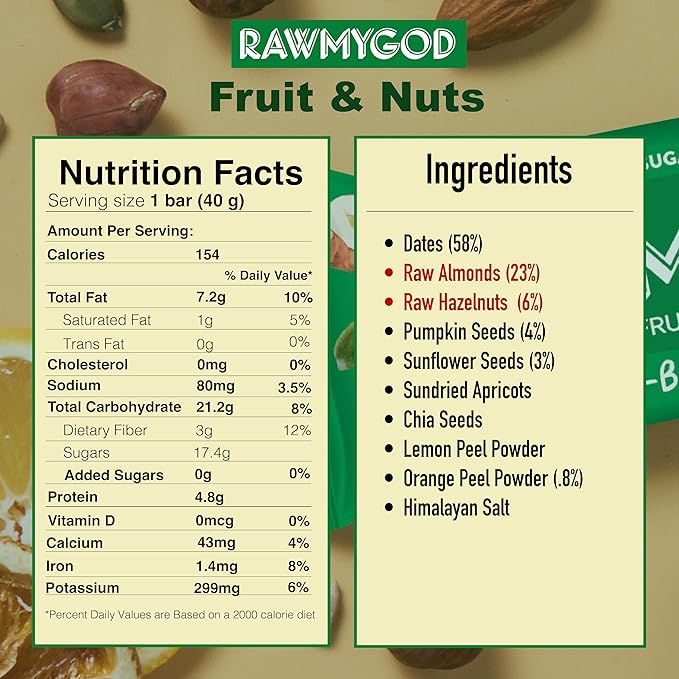 RAWMYGOD Fruit and Nut Bars, Gluten Free, Vegan, No Added Sugar (16 bars, Protein Pack - 4 Orange & Hazelnut, 4 Fruit & Nut, 4 Chia & Choco, 4 Peanut & Cacao)