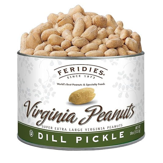 FERIDIES Extra Large Virginia Peanuts, Dill Pickle Flavored Spiced Gourmet Nuts, 18oz Tin