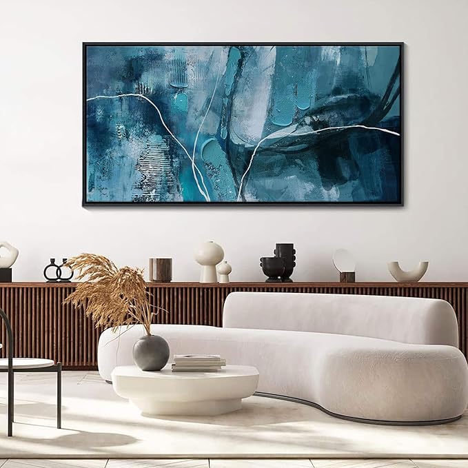 Abstract Canvas Wall Art -Blue-Green and Fan Art Large Wall Art for Living Room Bedroom Decor Framed Pictures Artwork for Walls Size 29x58Inches