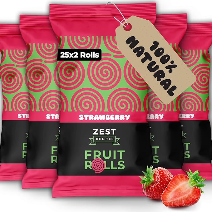 Fruit Rolls by Zest Delites, 100% Natural Healthy Fruit Snacks Bulk for Kids & Adults, Made from Real Strawberry Leather, Vegan, School Lunch Snack, A Twist on Strawberry Strips, 25 Packs