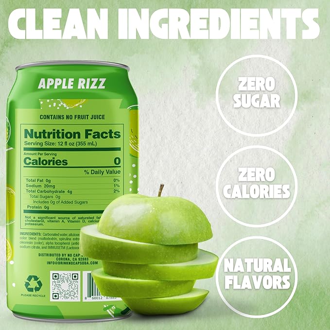 No Cap! Healthy Soda, Zero Sugar Soda Pop Drink, Zero Calories | Caffeine Free, Vegan, Gluten Free, For Kids & Adults 12 Oz, 12 Pack (Apple Rizz)