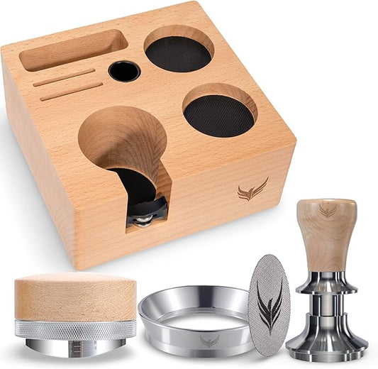 58mm Espresso Bar Accessories Kit ??Maple Handle Calibrated Tamper, Espresso Leveler, Beech Wood Tamping Station, and Dosing Funnel with Puck Screen