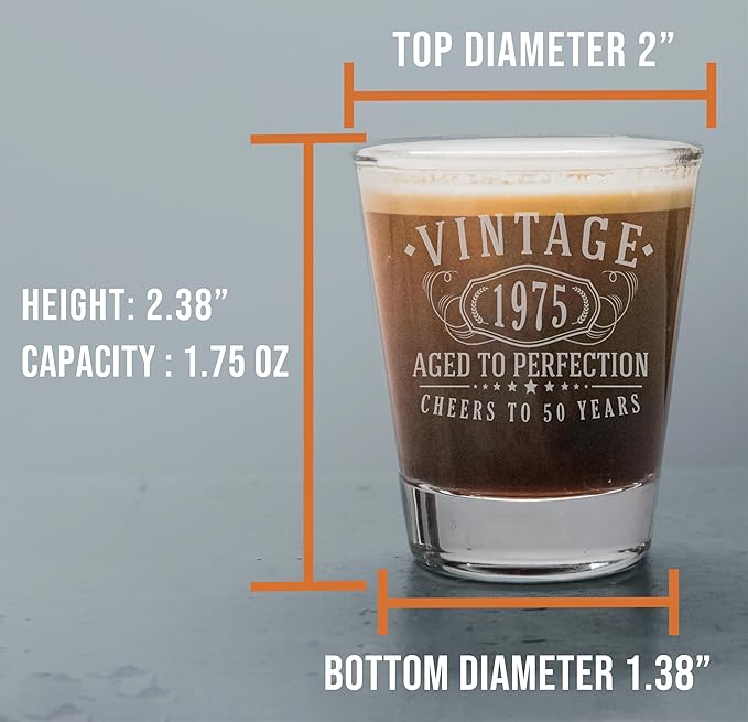 Vintage 1975 Etched 1.75oz 1pk Shot Glass - Happy 50th Birthday Gifts Women Men, Cheers to 50 Years, Turning 50 Year Old Woman Decorations Decor, Anniversary Bday Party Favors, Best Gift Ideas 1.0