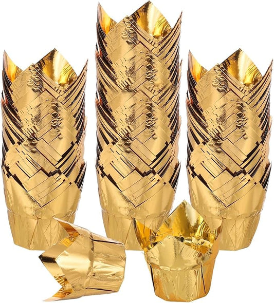 uxcell 100 Pcs Tulip Cupcake Liners, Muffins Liners Aluminum Foil Cupcake Wrappers Baking Cups Muffins Liners for Wedding Birthday Party Supplies, Gold