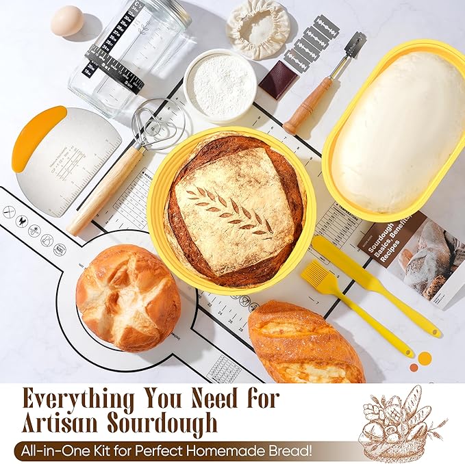 Sourdough Starter Kit with Jar ??Complete Sourdough Bread Baking Supplies for Beginners, Includes 2 Silicone Proofing Baskets Baking Mat Sour Dough Kit - Yellow