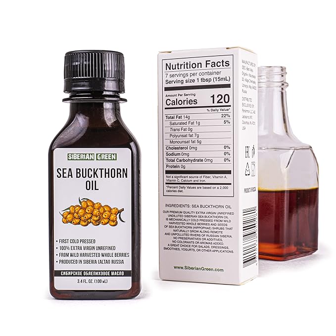 2 Pack - Siberian Sea Buckthorn Seed Oil | 100% Natural Extra Virgin Cold Pressed 2x100 ml / 6.8 fl oz (2 bottles) | Unrefined Raw No-GMO Vegan | Premium Food Grade | Cooking, Salads or Skin Care