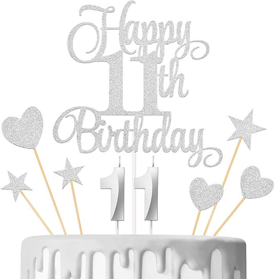 11th Birthday Cake Decorations, 11th Birthday Candles Cake Numeral Candles and Glitter Happy 11th Birthday Cake Toppers Set for Birthday Party Supplies (Silver)