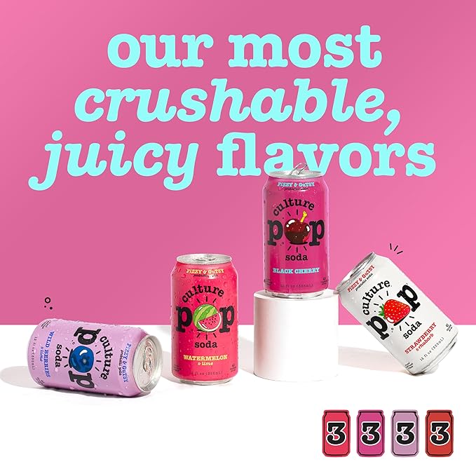 Culture Pop Soda, Jazzy & Juicy Variety Pack, Probiotic Low Sugar Soda, Sparkling Juice Alternative, Non-GMO, Kosher, Gluten-Free, No Stevia (12pk)