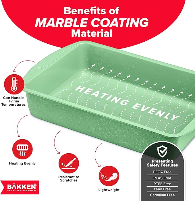 BAKKEN Kitchen Baking Pan Set - Nonstick Green Marble Coating, Commercial Grade Carbon Steel Bakeware Sets, Baking Kitchen Essentials, PFOA, PFOS, PTFE Free, Oven Safe Tray (Up To 450° F), Set of 6