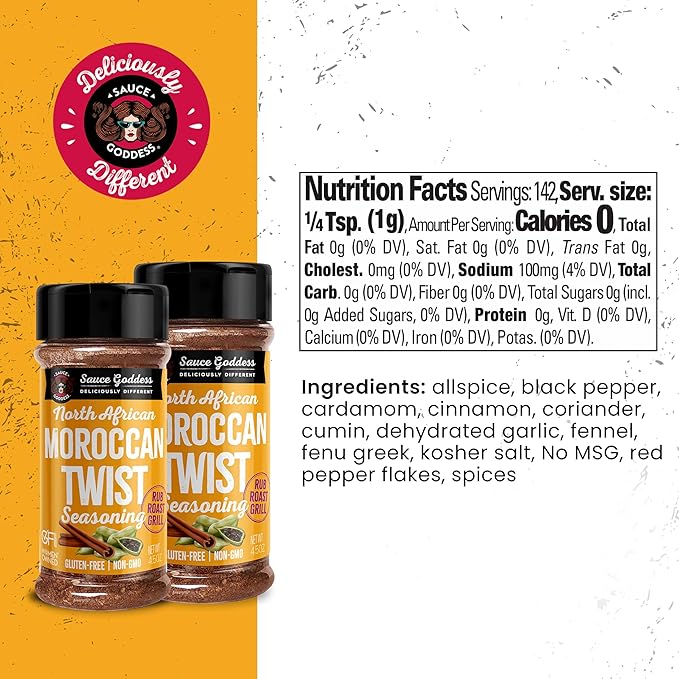 Sauce Goddess Moroccan Twist Spice Shaker (2-Pack) - Exotic Blend of Cardamom, Cinnamon, and More. Spices and Seasonings, No Sugar, Gluten-Free, Low in Sodium, Vegan-Friendly BBQ Rub