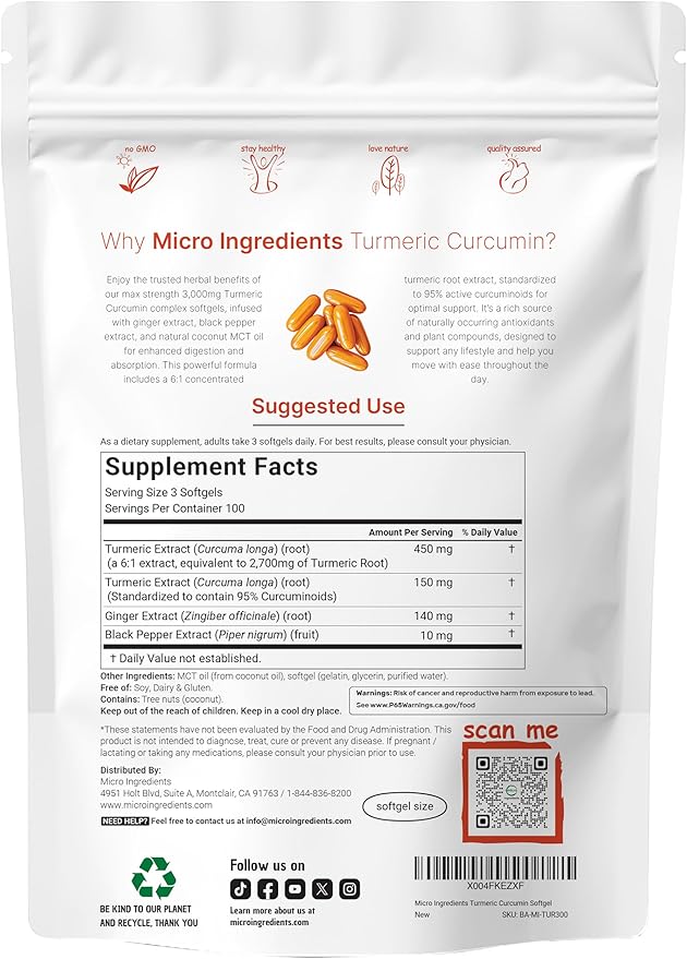 Turmeric Curcumin Supplement with Black Pepper & Ginger 3,000mg, 300 MCT Oil Softgels | 95% Curcuminoids | High Absorption | Healthy Joint Support for Men & Women | Non-GMO