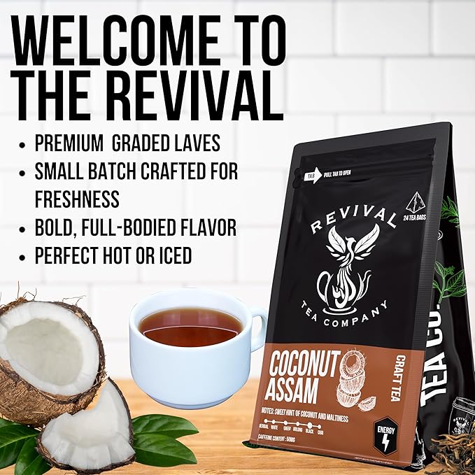 Revival Tea Company Coconut Assam Tea - Black Tea Blend with Coconut - 24 Tea Bags