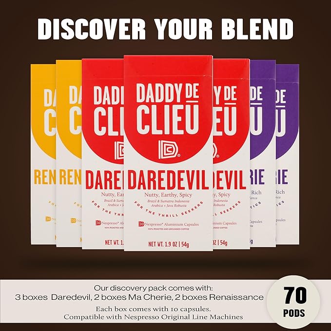 Daddy De Clieu Coffee Pods Discovery Pack, Medium to Dark Roast, Arabica and Robusta, Compatible with Nespresso Original Line Machines, Recyclable Aluminum Capsules, 70 Count