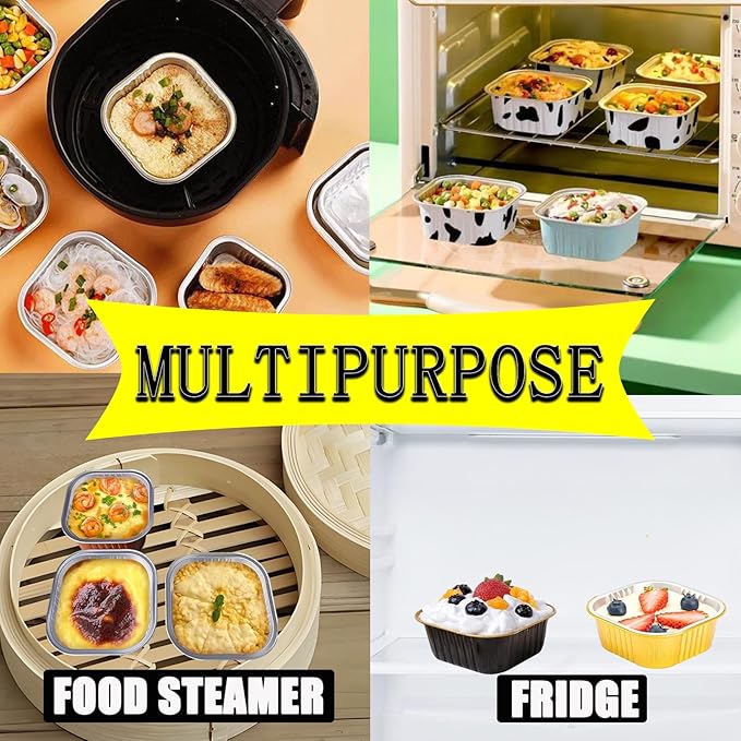 100 Pack 5oz Aluminum Pans with Lids Mini Square Foil Baking Cups with Lids Cupcake Baking Holders, Black Gold