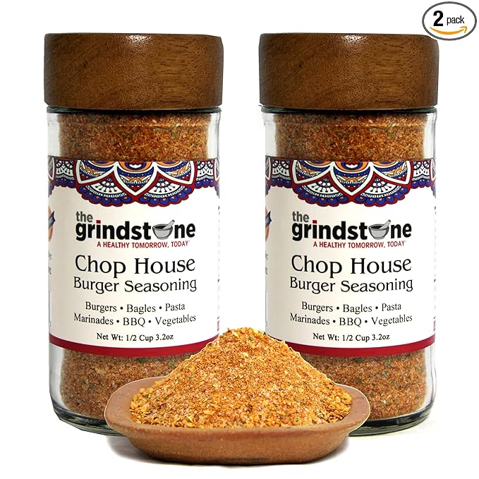 The Grindstone, Salt-Free Chop House Burger Seasoning, Spice mix for Burgers, BBQ, Veggies, Pasta, Grilling, 3 oz. Glass Jar with Sifter, Pack of 2