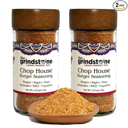 The Grindstone, Salt-Free Chop House Burger Seasoning, Spice mix for Burgers, BBQ, Veggies, Pasta, Grilling, 3 oz. Glass Jar with Sifter, Pack of 2