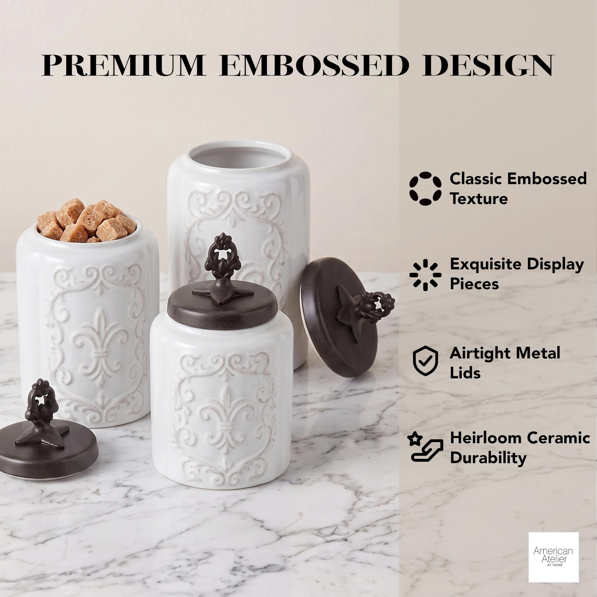 American Atelier Fleur de Lis White Canister Set 3-Piece Ceramic Jars in 84.5oz, 74.5oz, & 60oz