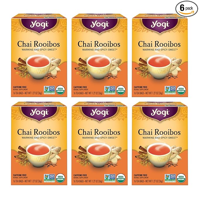 Yogi Tea Chai Rooibos Tea - 16 Tea Bags per Pack (6 Packs) - Spiced Organic Rooibos Tea - Provides Antioxidants - Caffeine-Free - Includes Cardamom, Cinnamon, Ginger & Clove