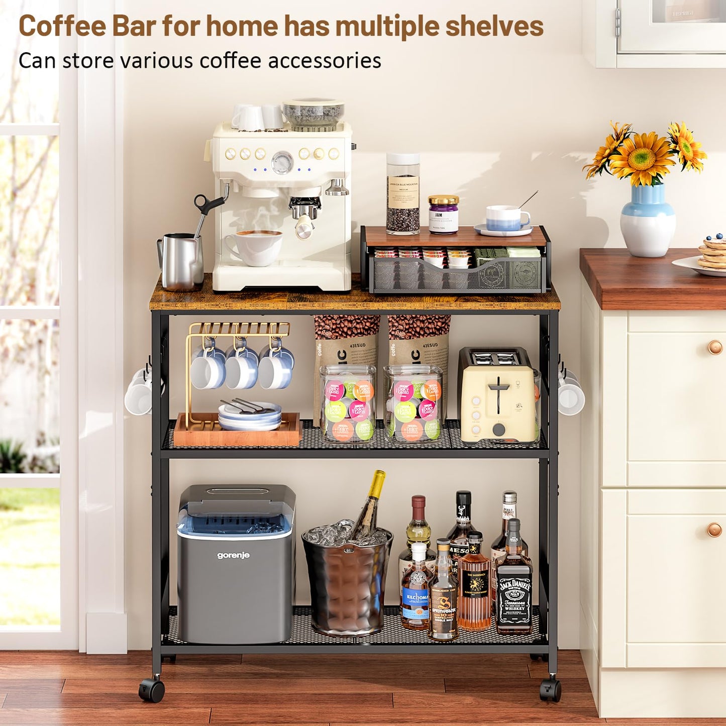 3 Tier Rolling Kitchen Microwave Cart, 33 Inch Microwave Table Stand with Adjustable Shelf, Kitchen