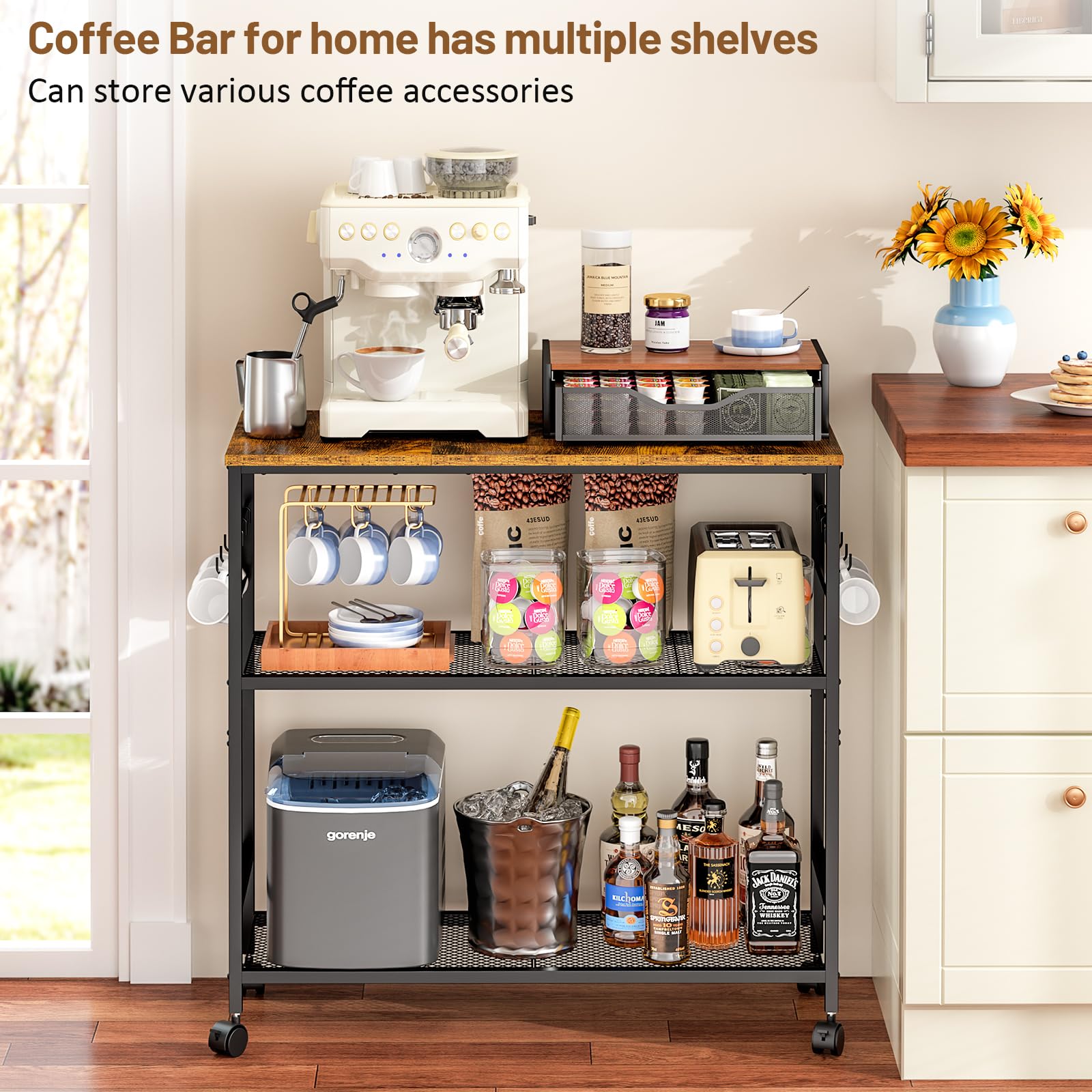 3 Tier Rolling Kitchen Microwave Cart, 33 Inch Microwave Table Stand with Adjustable Shelf, Kitchen